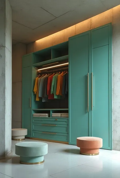 A closet with slightly colored retrofuturistic furniture and with a dominant brutalist architecture 