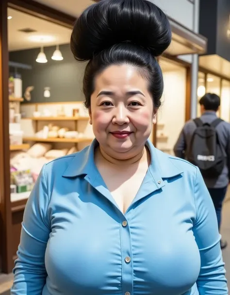 8k,Best Quality, masterpiece,  super high definition,(masterpiece:1.6, Best Quality),  intricate detail , 1 female, Middle-aged woman in her 50s, Japanese, full body,On the head,(( huge bun hair , Big Hair Bun :1.５)), (( Jet Black Hair )) ,((amount:1.5)), ...