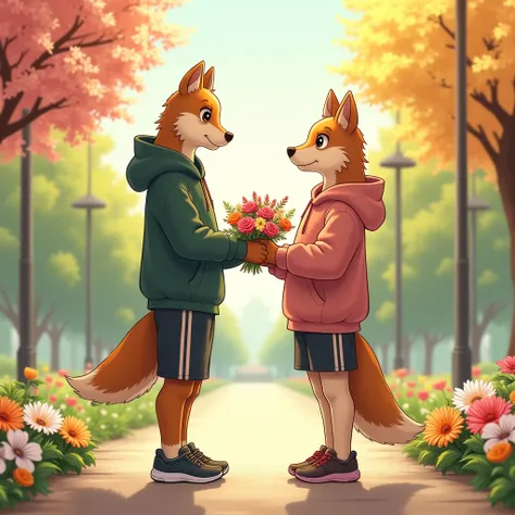 I want you to create an anime-style cartoon with the genre Furry ,  that is almost furry mixed with the BARA , I mean that they are almost human , That the two are MEN who are couples who are meeting in a flower park, for a date , That one is taller than t...