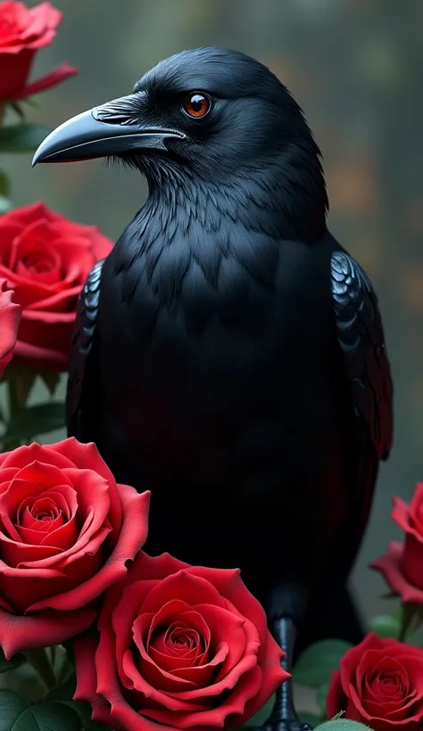 A black crow with roses around it