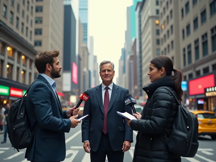 Create two journalists from the interior of the city interviewing the mayor in the middle of the street.