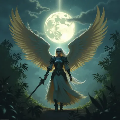 an epic fantasy art portrait of aasimar, female, paladin ready for battle under the full lua,  sacred warrior , spread large feathered basic, majestic basic, white angelic basic spread (masterpiece, intense details: 1.5), lua light, lua, stars, clouds,  sa...