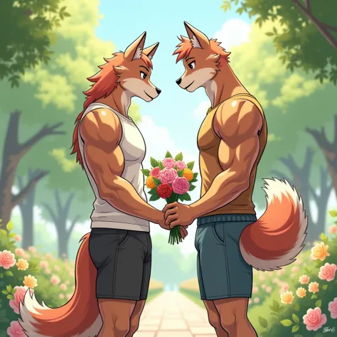  style and genre I want you to create an anime-style drawing with the genre Furry ,  that is almost furry mixed with the BARA , I mean that they are almost human ,  that both are MEN who are couples who are meeting in a flower park, for a date , That one i...