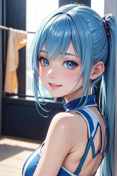 ( Best Quality, Hi-Res,8k,inelity detailed background, Masterpiece:1.2), Beautiful Girl,( glossy light blue hair:1.3),(long hair:1.2),twin tail,Beautiful light blue eyes,cheerleader,(Six Sisters characters),Big Breasts,(Under bobs :1.2),from below,Stadium,...