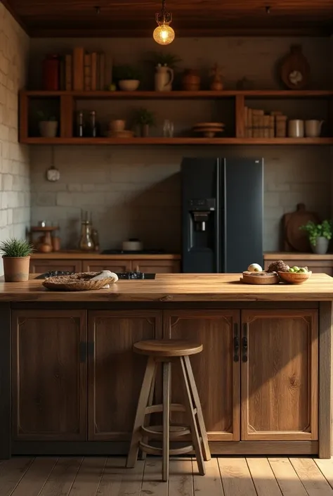 Rustic kitchen with wooden countertop and black fridge