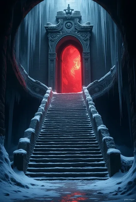 A staircase coming down from a very dark and icy basement reaching a large door with a red aura as if its light were red and themed around ancient royalty 