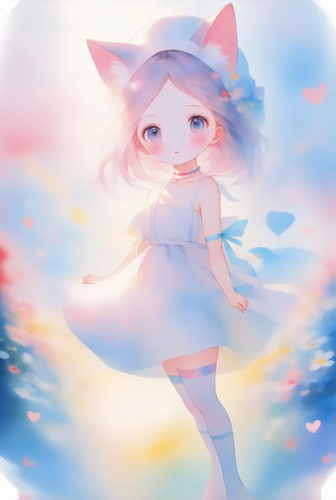 1girl, soles, solo, pink_flower, tail, cat_ears, animal_ears, blue_eyes, white_dress, dress, cat_tail, flower, feet, virtual_you...