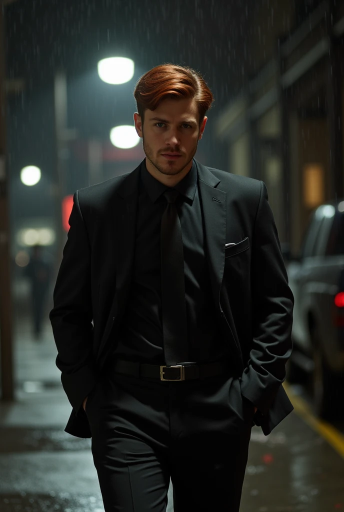 A young man,  probably a mobster ,  walking down the street in the rain ,  with his hands in his black suit pocket .  He has dark red hair and very light brown eyes .  He looks rich and a little scared . Hes handsome and tall .  he doesnt have a beard .  H...