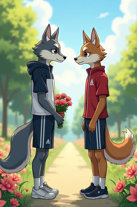  style and genre I want you to create an anime-style drawing with the genre Furry ,  that is almost furry mixed with the BARA , I mean that they are almost human ,  that both are MEN who are couples who are meeting in a flower park, for a date , That one i...