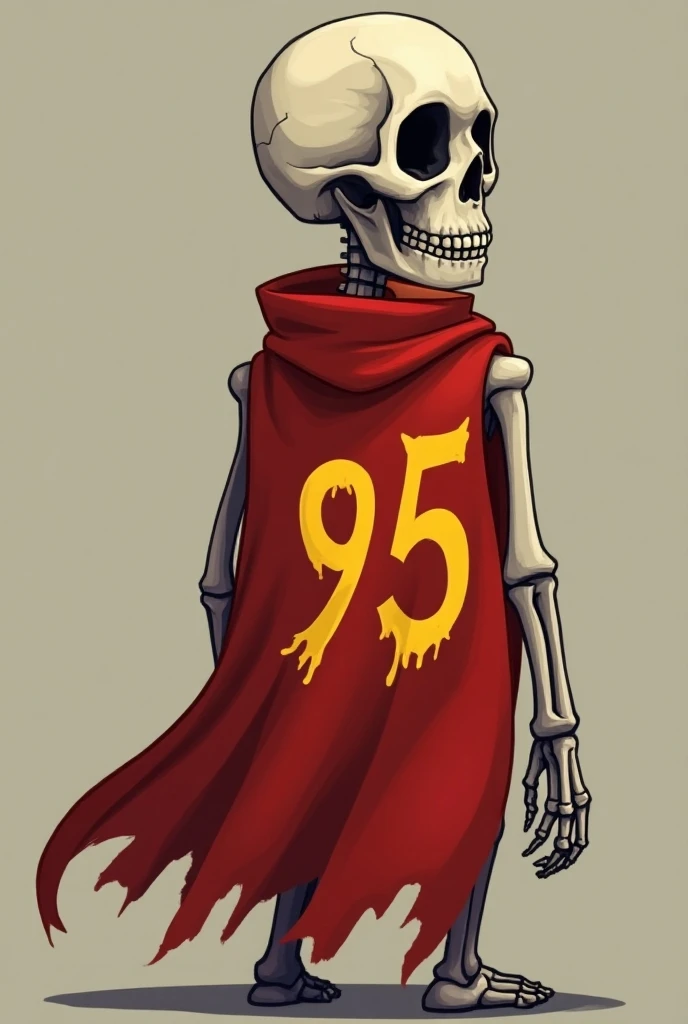 Hey, can you please create an image which im going to use as avatar for social media? I want it like a 2d skeleton with a red cape and 95 inscription number on it, but make the number yellow, and make it so we see him from the back turning his head on us s...