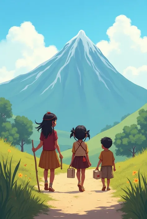  The two little indiecitas   ( girl,  girl)  and an indiecito  ( boy )  starting their way to the mountain,  with small packages and wooden sticks. 