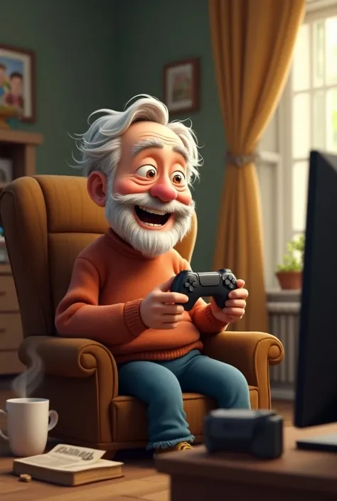 Create an animated character that is a grandfather by playing video games
