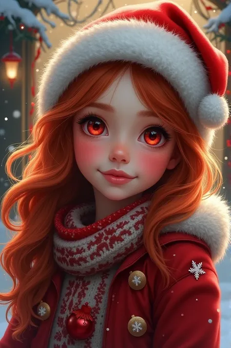 A girl with dark red hair and red eyes wearing very Christmas clothes and a Christmas hat 