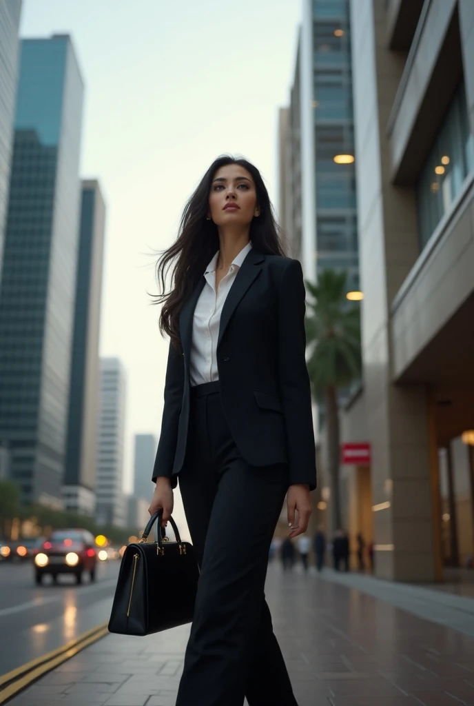  Beautiful girl with long hair, office dress, entering a business building with a real environment like the city of Lima Peru