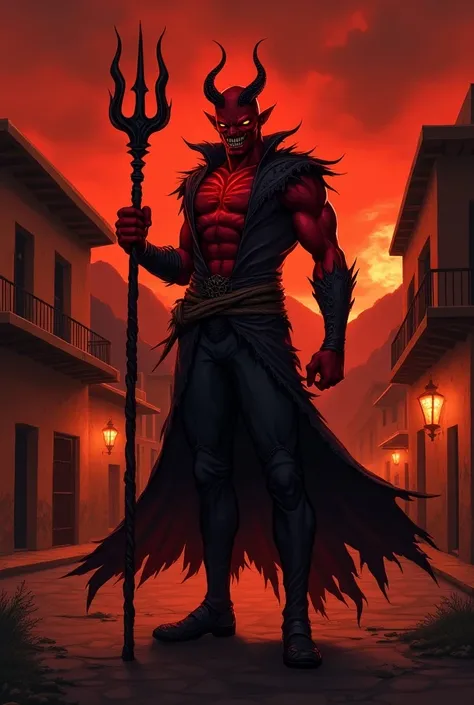 A dark, comic-style villain inspired by El Diablo, the mascot of Club Deportivo Toluca, set in a haunting, Mexican-inspired setting. The character embodies a menacing devil with fiery red skin, sharp black horns, and a muscular, intimidating physique. He w...