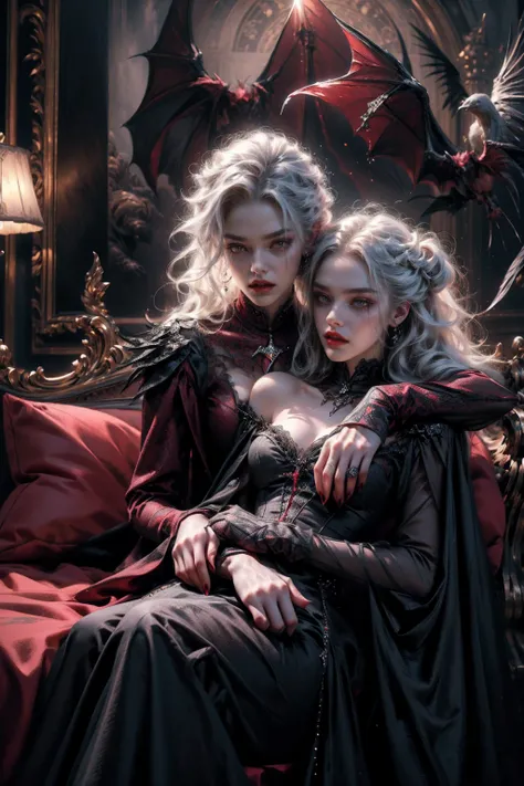 (beautiful vampire woman, pale skin, very long white hair, (red eyes), black gown, black victorian dress, piercing look, red lipstick, laying on the bed, 4k, 8k, highres, masterpiece:1.2, ultra-detailed, realistic, photorealistic:1.37, HDR, UHD, studio lig...