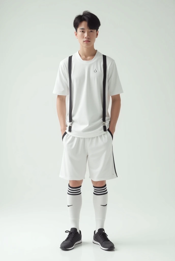 A  Korean man, handsome, white, not black, wearing a braces, wearing a white football shirt with short sleeves, wearing white football pants, no shoes, Korean hairstyle