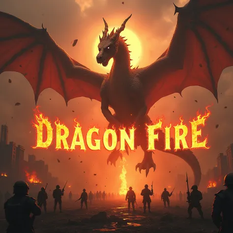 a dragon throwing fire on a city at war ,  with a text in the middle that says Dragon Fire with fire typography .