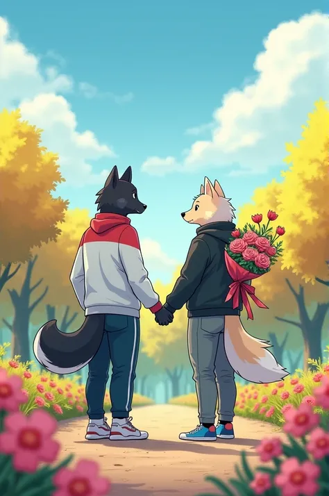  I want you to create a BARA cartoon in the anime style,  to be almost HUMAN, Almost Furry mixed ,  so that they are humans with animal features , What are ears or something like that , That the two are MEN who are couples who are meeting in a flower park,...