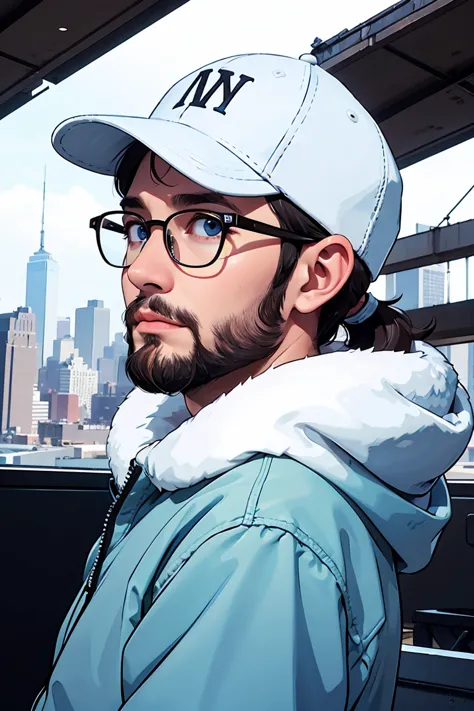 man with backward nyc cap, 40 year old, blue eyes, eskimo, short beard, round glasses, middle long hair.