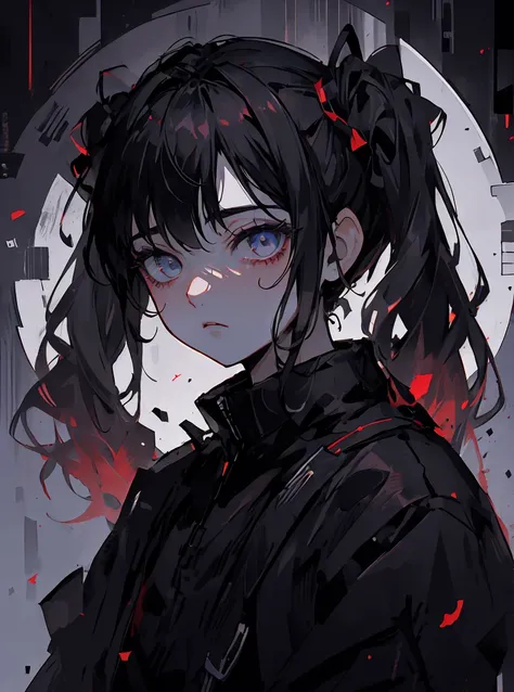 Girl, black, white, Red death flowers, detailed eyes, detailed face and body, depressed, He is afraid, sad, Very very detailed, No mistakes, High accuracy, dark clothes, aesthetic, japanese hair, pigtails hair