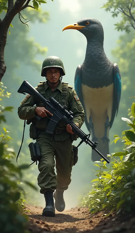 Create A Costa rica Army Soldier Walking Holding A Heavy Gun , Wearing Costa Rica Army Uniform , A Giant Turdus Grayi Walking Behind Him, Turdus Grayi Height Is More Than Soldier, Eye Catching Background, Masterpiece 