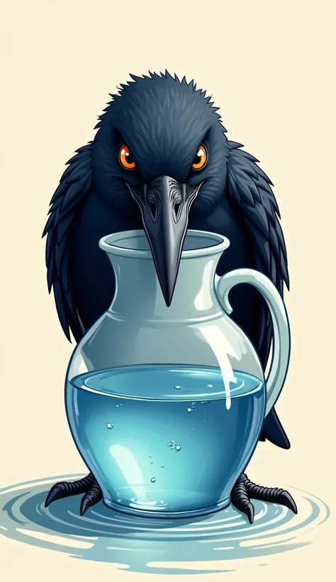  " Crow drinking water from a jug full to the brim,  with a relieved expression , graphic style for ren "