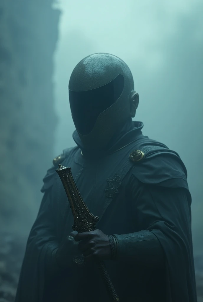 Invisibility helmet in the foreground weapon by Hades with a fog in the background 