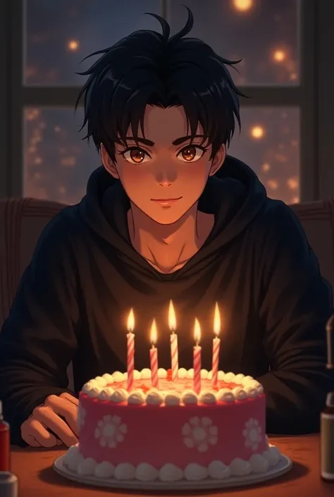 Anime. A guy of 20 years old,with black hair and brown eyes. In a black sweatshirt. There is a cake and candles on the table. Happy birthday. Evening. 