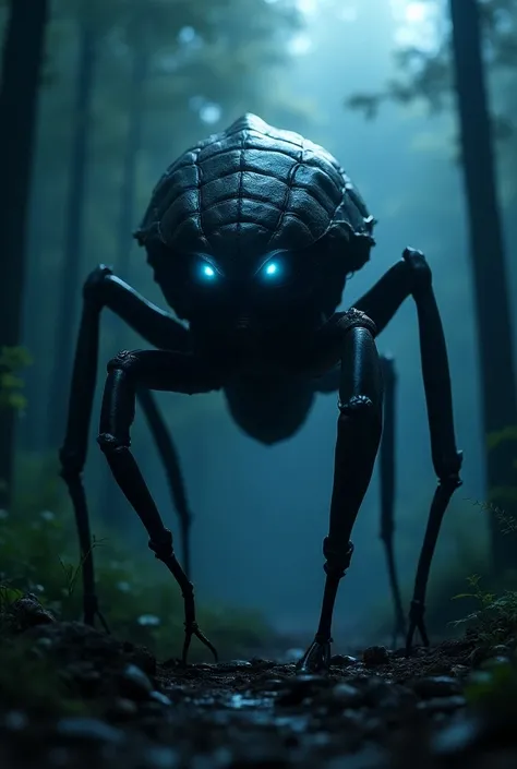 "extremely realistic image of a giant insectoid creature in the forest at night. The segmented body covered in a shiny carapace reflects soft moonlight, with minute details of its long, sharp legs, which appear to dig into the moist soil. Compound eyes blu...