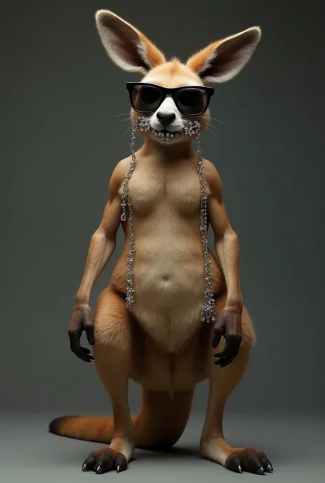 A muscular kangaroo with a good abdomen, black glasses, chains of diamonds and diamonds on the teeth