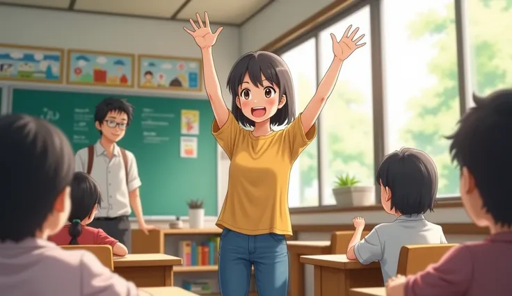 Realistic Photo of a lively Japanese elementary school classroom where students in casual clothing are eagerly raising their hands to participate in the lesson. A cheerful Japanese student in the foreground, wearing everyday clothes, has their hand raised ...