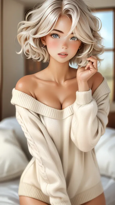 1 girl, gorgeous slender woman, wavy extremely short messy light colored hair, off-shoulder soft knit sweater dress, nothing underneath, standing straight, hands on her crotch, extremely short pixie cut, Undercut, Very Short Hair, Pixie Cut, Bald, Bald Gir...