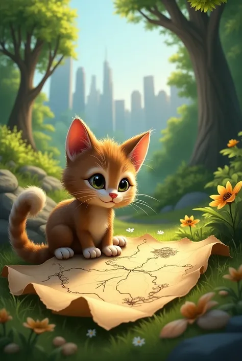 Whiskers, a curious cat, finds an old treasure map in the park.
His friend Bella reminds him of the safety rules in the city.
Whiskers decides to take on the challenge and find the treasure.