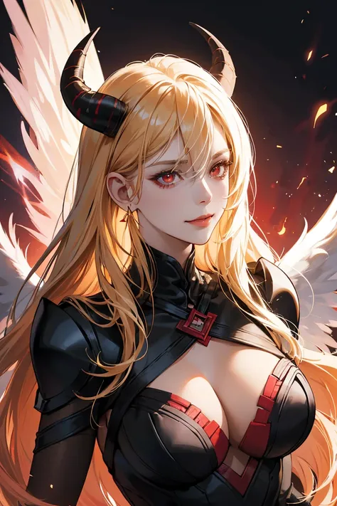 Create an illustration of a beautiful, scantily clad slender blonde  angel  with with vibrant red skin, huge white wings a bright halo with long blonde hair piercing red glowing eyes and large curved ram horns. Despite her angelic beauty, she embodies crue...