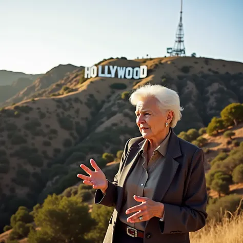 An elderly woman pension influencer giving advice by the Hollywood Sign in Los Angeles. She wears a stylish blazer, with the famous sign and rolling hills in the background, adding a sense of glamour to the scene