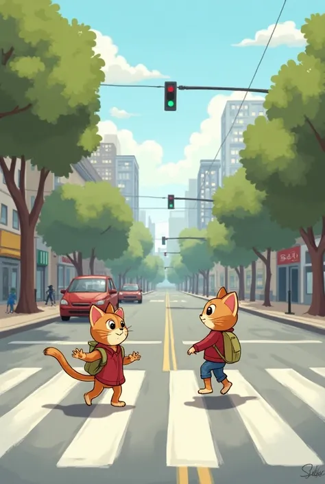 The map leads them across a busy street.
Bella reminds Whiskers to look left and right first and wait for the green light.
Whiskers carefully crosses to the other side, learning the rules of safe street crossing.