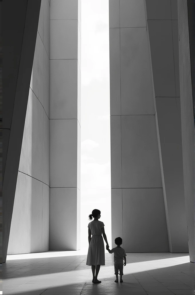 Create a photo of a parent who is visiting an architectural  in a little black and white.