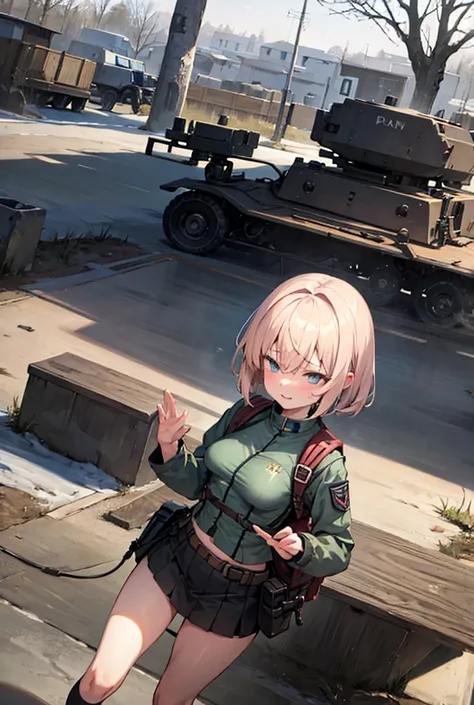 Blonde,  shortcut,  blue eyes,  Blushing ,  bangs between eyes , 1 girl, wide angle shot ,Short Hair, very small breasts ,Bob Hair, very small breasts ,Background forest, how to hold it is cool, carrying a big backpack, Ground Self-Defense Force camouflage...