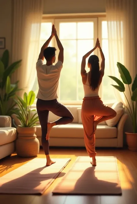 In a softly lit living room with morning light pouring in, Ravi (20 year old boy ) and Meera ( ravis mother a beautiful women in her late 40s) are practicing yoga. Ravi is focused yet clumsy as he follows Meera, who is graceful and encouraging. They both h...