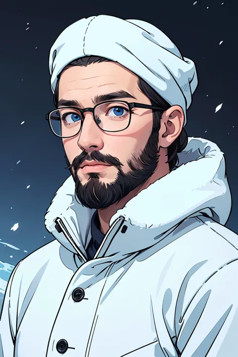 man with backward cap, 40 year old, blue eyes, eskimo, short beard, round glasses, middle long hair.