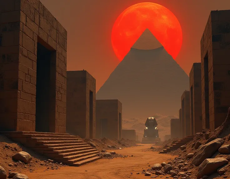 Imagine Egyptian ruins ,  ancient stone buildings with tall towers,  ancient monuments Egypt, sphinx, pyramid, stone portal , Big Red Sun, dark place, desert place, apocalyptic, Scary place, macabre atmosphere, .