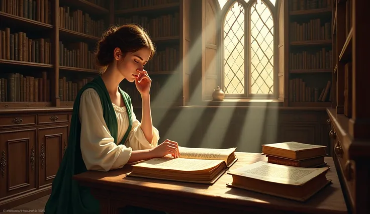 woman in library middle ages scene