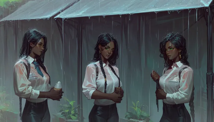 Dark skinned woman. Wearing a white sweatshirt. Black pants. Long braided hair. Green eyes. In the rain. She is being napped by three men