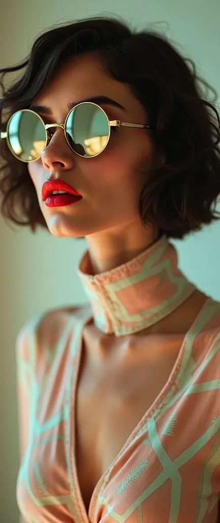 A stylish portrait of a woman with short, wavy hair, wearing round, vintage-inspired sunglasses. She is dressed in a high-neck blouse with geometric patterns in a soft, muted color scheme. The lighting highlights her bold red lips and the reflective surfac...