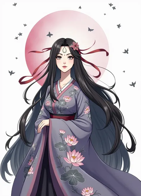  woman ,  grey eyes ,  stormy sky eyes ,  Black hair with white strands, scarlet ribbon in hair ,  white crescent pendant on forehead ,  purple hanfu with embroidered lotuses , purple hanfu ,  lotuses are embroidered on hanfu,  girl dressed in hanfu,  hanf...