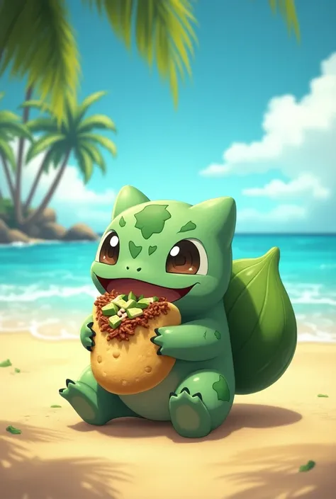 Pokémon Balbasaur on the beach eating Venezuelan arepa 
Make it look more Venezuelan