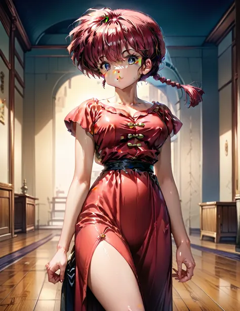 red haired anime girl in red armor, , beautiful body,  big breasts at the temple, ,  sexy girl , red  hair with braids, beautifu...