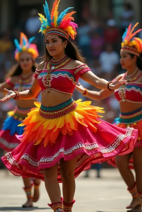 People dancing all the Bolivian folk dances with small skirts, very small and tight, with pearlescent ornaments, then a short blouse, as well as a top and a headband that has open feathers, lots of feathers.