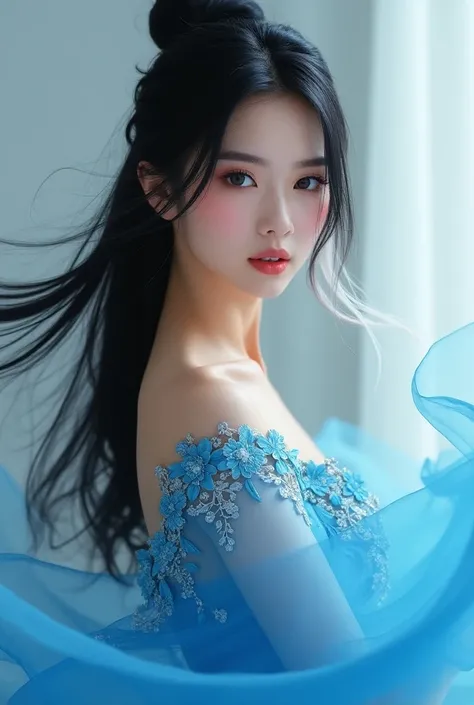 Clear test woman with black hair and a white strand on the left side, Wearing a blue dance dress